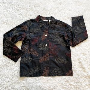 French Laundry Black Silk Botanical Leaf Embroidered Button Up Blouse Jacket